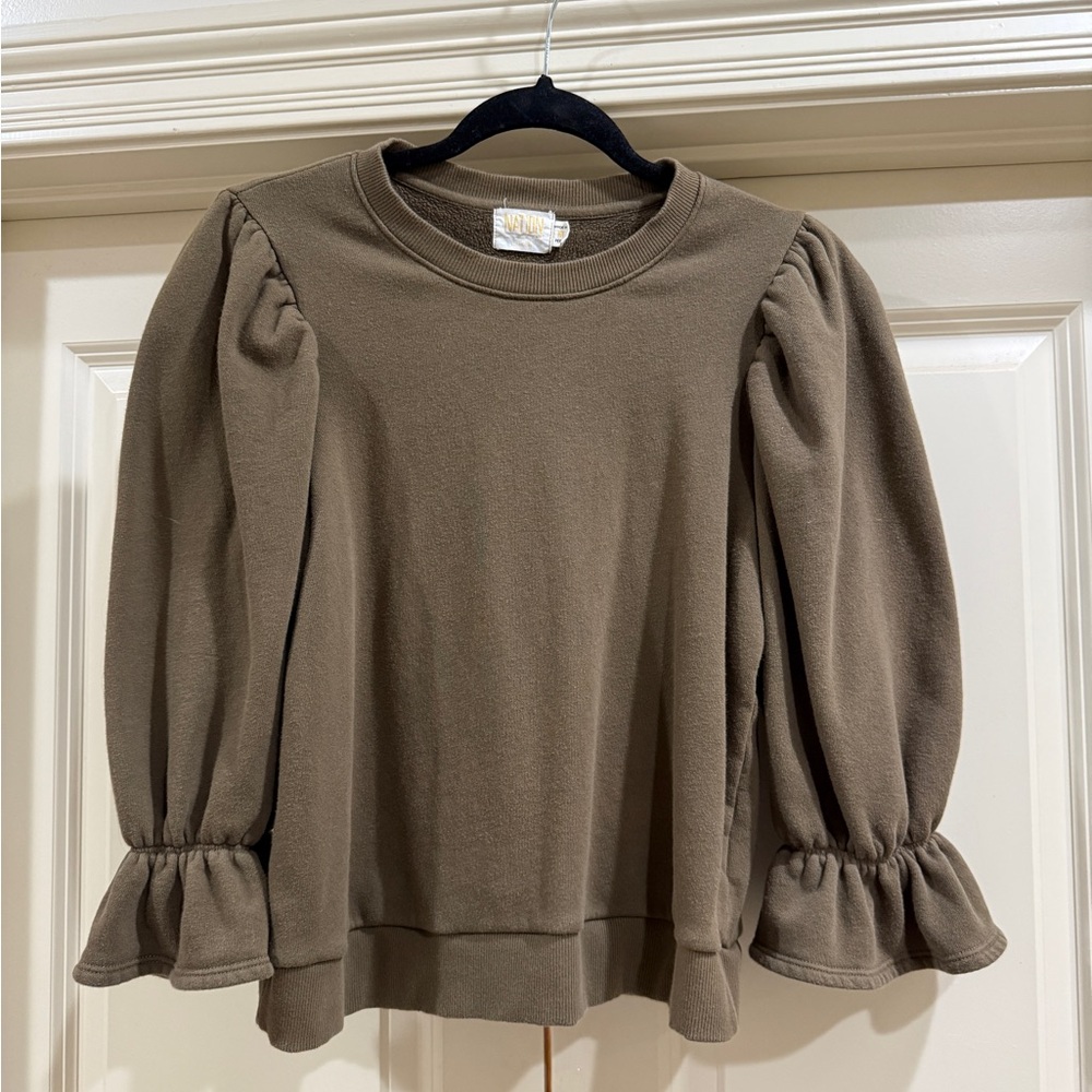 Nation LTD Sweatshirt Womens Olive Green‎ Puff Sleeve Ruffle 3/4 Sleeve | Medium